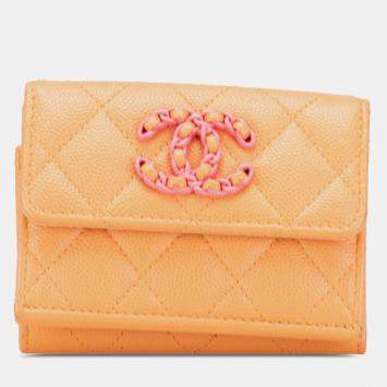 Pre Owned Chanel Orange Quilted Caviar 19 Compact Flap Wallet