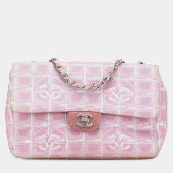 Pre Owned Chanel Pink Medium New Travel Line Nylon Single Flap