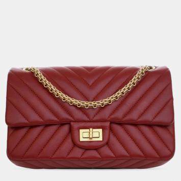 Pre Owned Chanel Red Reissue 2.55 Chevron Aged Calfskin Double Flap 225