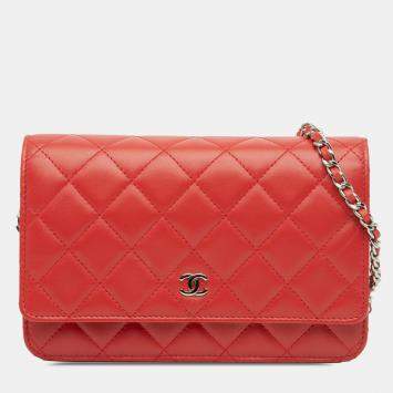 Pre Owned Chanel Red CC Quilted Lambskin Wallet on Chain