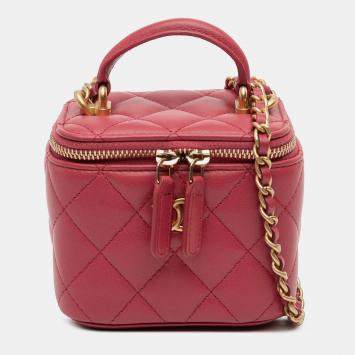 Pre Owned Chanel Red Mini CC Quilted Lambskin Top Handle Vanity Case With Chain