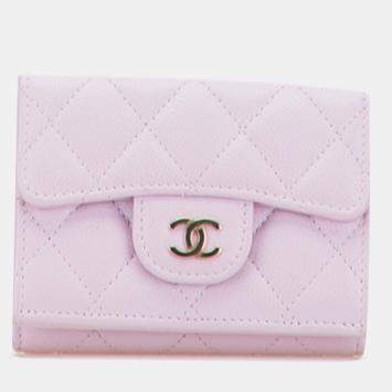 Pre Owned Chanel Pink CC Quilted Caviar Compact Flap Wallet
