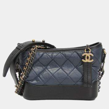 Pre Owned Chanel Gabriel De Chanel Small Leather Shoulder Bag Black Navy