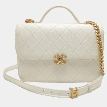Pre Owned Chanel Chain  Caviar Skin White Shoulder Bag