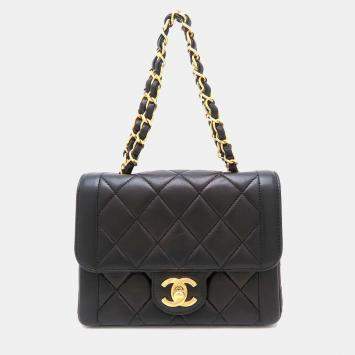 Pre Owned Chanel Matelasse Chain Mini Handbag In Black Lambskin