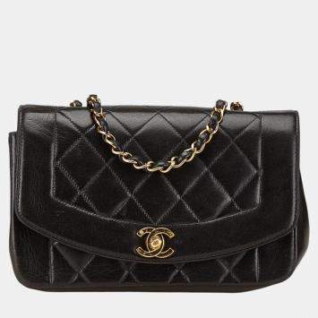Pre Owned Chanel Matelasse Diana 22 Coco Mark Black Lambskin Shoulder Bag 