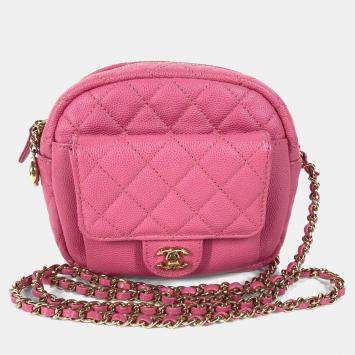 Pre Owned Chanel Matelasse Quilted Coco Mark Pink Caviar Skin Pochette Chain Shoulder Bag