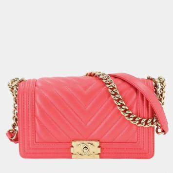Pre Owned Chanel Boy Chanel Chain Shoulder Bag  Pink Lambskin  Chevron V-Stitch