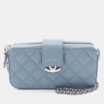 Pre Owned Chanel Half Coco Mark Matelasse Shoulder Bag In Grained Calfskin Leather  Blue
