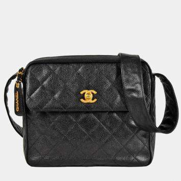 Pre Owned Chanel Coco Mark Matelasse Chain Shoulder Bag Caviar Skin Black