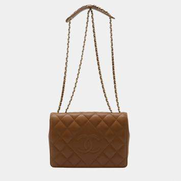 Pre Owned Chanel Matelasse Coco Mark Diamond Stitch Double Chain Shoulder Bag In Brown Leather