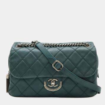 Pre Owned Chanel Wild Stitch Matelasse Coco Mark Chain Shoulder Bag In Deep Green Leather