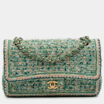 Pre Owned Chanel Green Medium Classic Quilted Tweed Braided Double Flap
