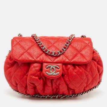 Pre Owned Chanel Red Quilted Leather CC Flap Chain Around Bag