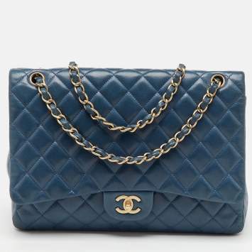 Pre Owned Chanel Blue Quilted Leather Maxi Classic Single Flap Bag