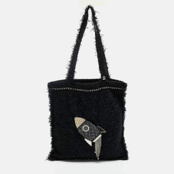 Pre Owned Chanel Black Tweed Rocket Embellished Shopper Tote