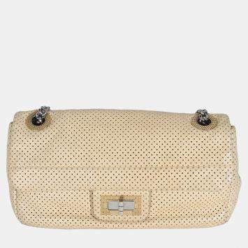 Pre Owned Chanel Beige Perforated  Lambskin Drill Flap Bag