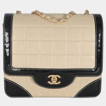 Pre Owned Chanel Vintage Beige Lambskin Black Patent Square Quilt Frame Flap Bag