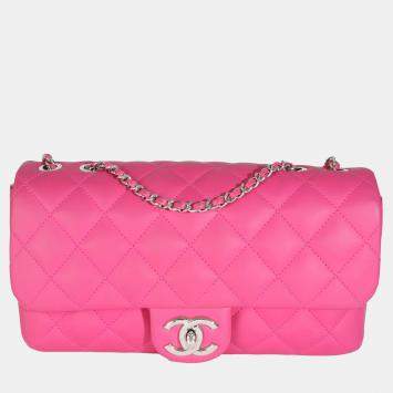 Pre Owned Chanel Pink Rubber Quilted Lambskin Medium Coco Rain Flap Bag