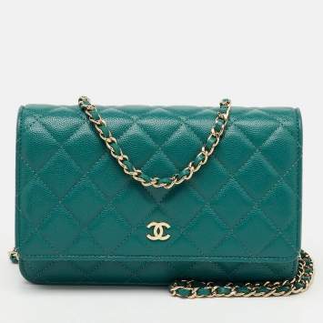 Pre Owned Chanel Teal Blue Quilted Caviar Leather Classic Wallet On Chain