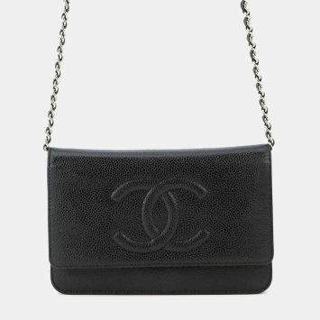 Pre Owned Chanel Cc Logo Chain Wallet Black Caviar Leather