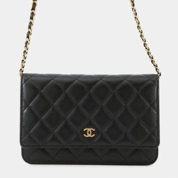Pre Owned Chanel Matelasse Chain Wallet Black Lambskin