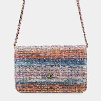 Pre Owned Chanel Chain Wallet Multicolor Tweed