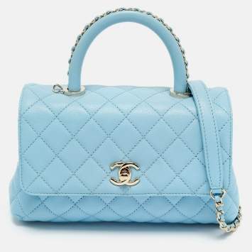 Pre Owned Chanel Light Blue Quilted Caviar Leather Mini Coco Top Handle Bag