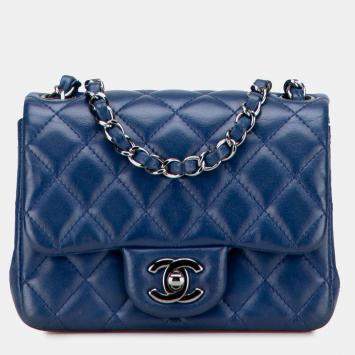 Pre Owned Chanel Blue Mini Square Classic Lambskin Single Flap