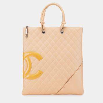 Pre Owned Chanel Beige Quilted Lambskin Cambon Ligne Flat Tote