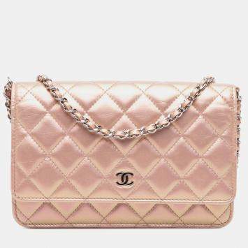 Pre Owned Chanel Pink Quilted Iridescent Lambskin Wallet on Chain