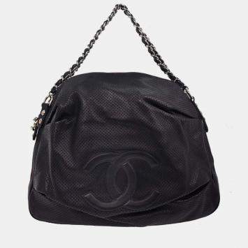 Pre Owned Chanel Navy Perforated Lambskin Baseball Spirit Ligne Hobo Handbag