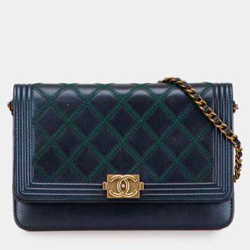 Pre Owned Chanel Blue Calfskin Double Stitch Boy Wallet On Chain
