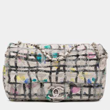 Pre Owned Chanel White Mini Rectangular Calfskin Hand Painted Graffiti Flap