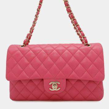 Pre Owned Chanel Classic Double Flap Calfskin Pink Shoulder Bags