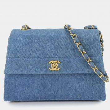 Pre Owned Chanel Straight Flap Blue Denim Shoulder Bag
