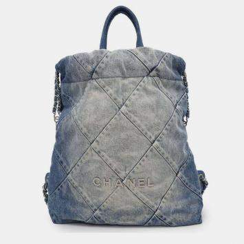 Pre Owned Chanel 22 Blue Quilted Denim Top Handle Backpack