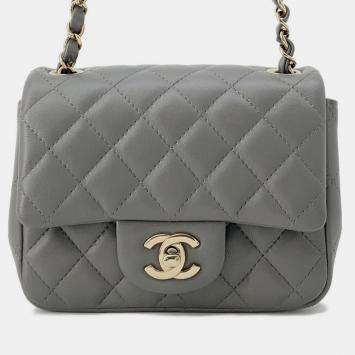 Pre Owned Chanel Flap Mini Gray Lambskin Matelasse Chain Shoulder Bag