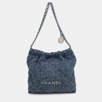 Pre Owned Chanel 22 Small Blue Denim Hobo Bag
