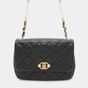Pre Owned Chanel Pearl CC Black Quilted Calfskin Leather Flap Bag