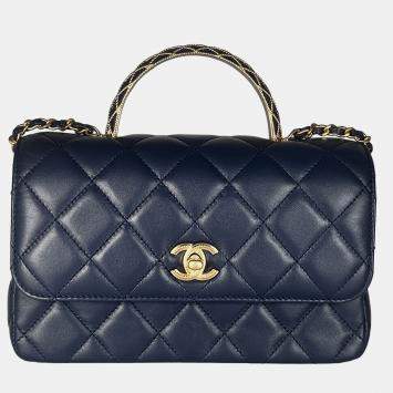 Pre Owned Chanel Lambskin Quilted Metal Top Handle Flap Blue with GHW