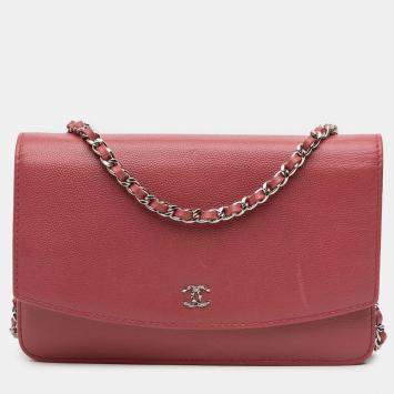 Pre Owned Chanel Red CC Caviar Sevruga Wallet On Chain
