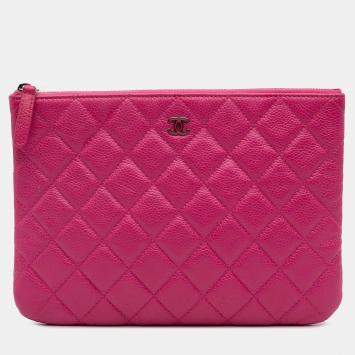 Pre Owned Chanel Pink Small Quilted Caviar O Case Clutch