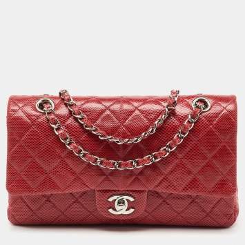 Pre Owned Chanel Red Quilted Snakeskin Medium Classic Double Flap Bag
