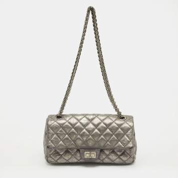 Pre Owned Chanel Metallic Grey Quilted Leather Triple Compartment Reissue Flap Bag
