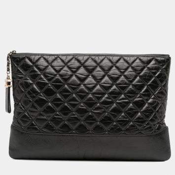 Pre Owned Chanel Black Large Aged Calfskin Gabrielle O Case Clutch
