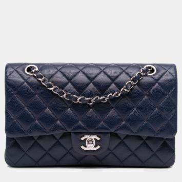 Pre Owned Chanel Navy Blue Medium Classic Caviar Double Flap