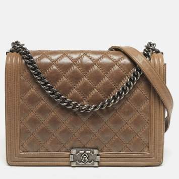 Pre Owned Chanel Beige Double Stitch Quilted Leather Large Boy Flap Bag