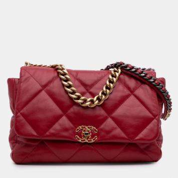 Pre Owned Chanel Red Maxi Lambskin 19 Flap