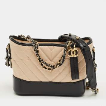 Pre Owned Chanel Beige/Black Quilted Aged Leather Small Gabrielle Hobo